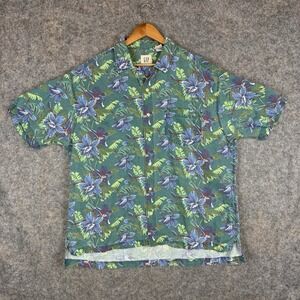 VTG GAP Shirt Mens Large Green Linen Cotton Floral Hawaiian Camp Beach Button Up